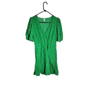 A New Day XS Green Polka Dot Wrap Dress With Ruffle Hem & Puff Sleeves